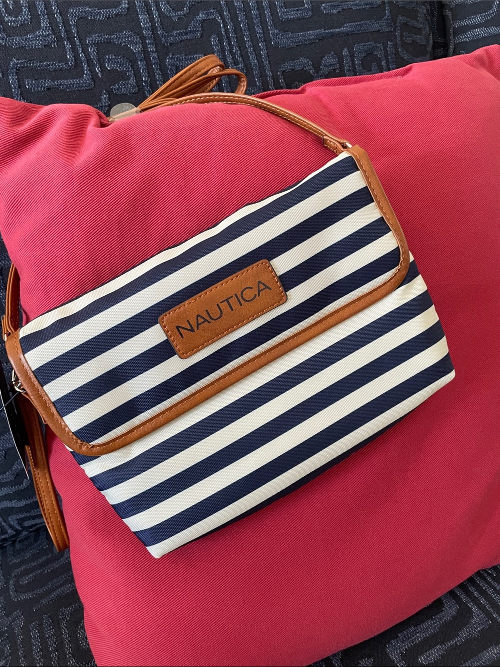 Nautica Navy & White Stripe Crossbody with Tan Trim
